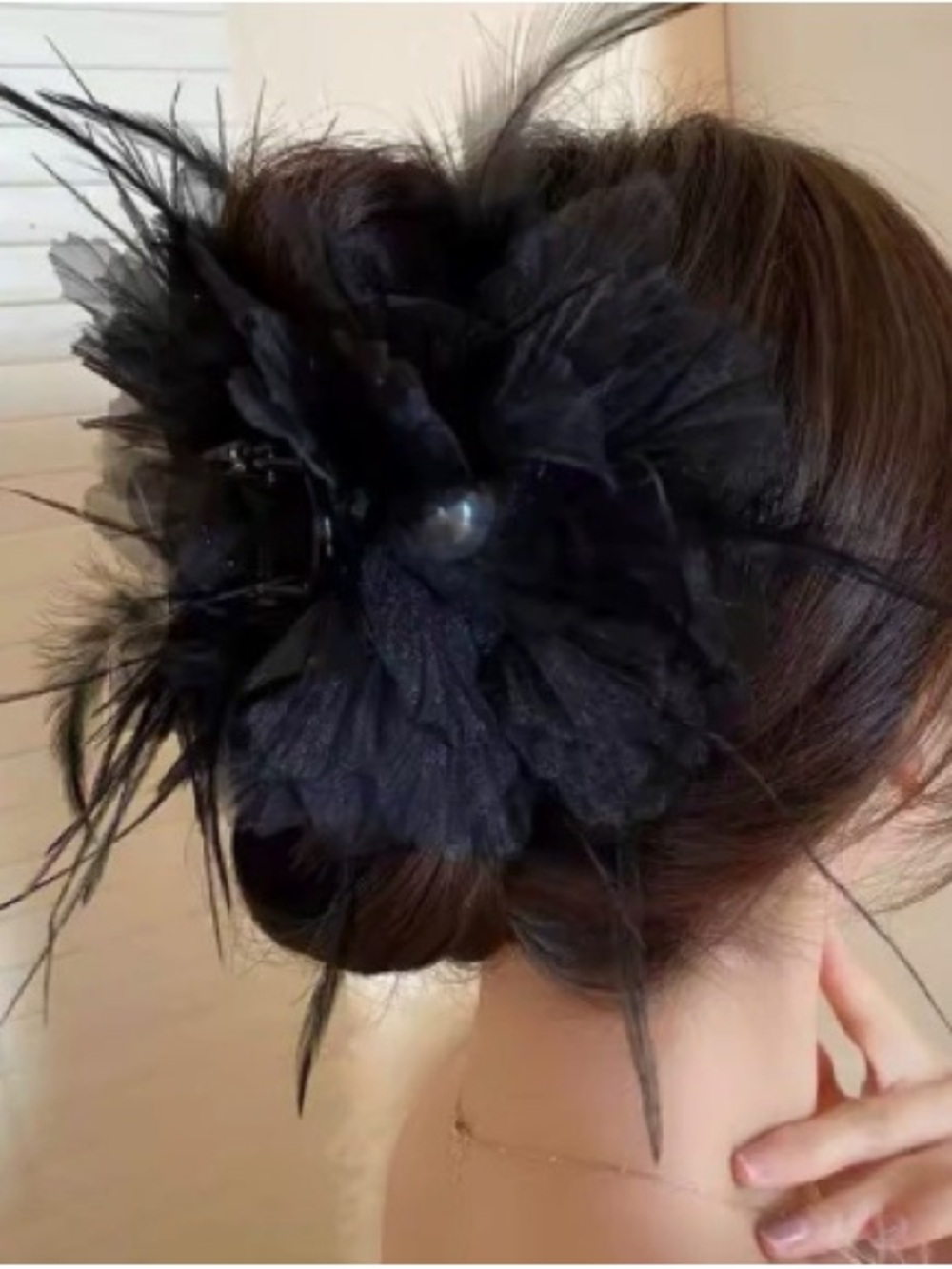Black Feather Flower Hair Clip by